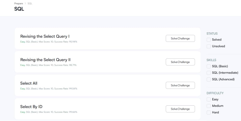 hackerrank sql landing page